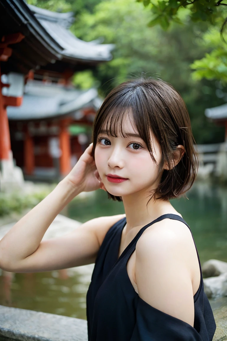 nsfw,one woman,see-through,put hands behind head,wet body,thin,cute face,moaning,very short hair,black hair,shinto shrine,high quality,photorealistic,japanese,beautiful woman,female 