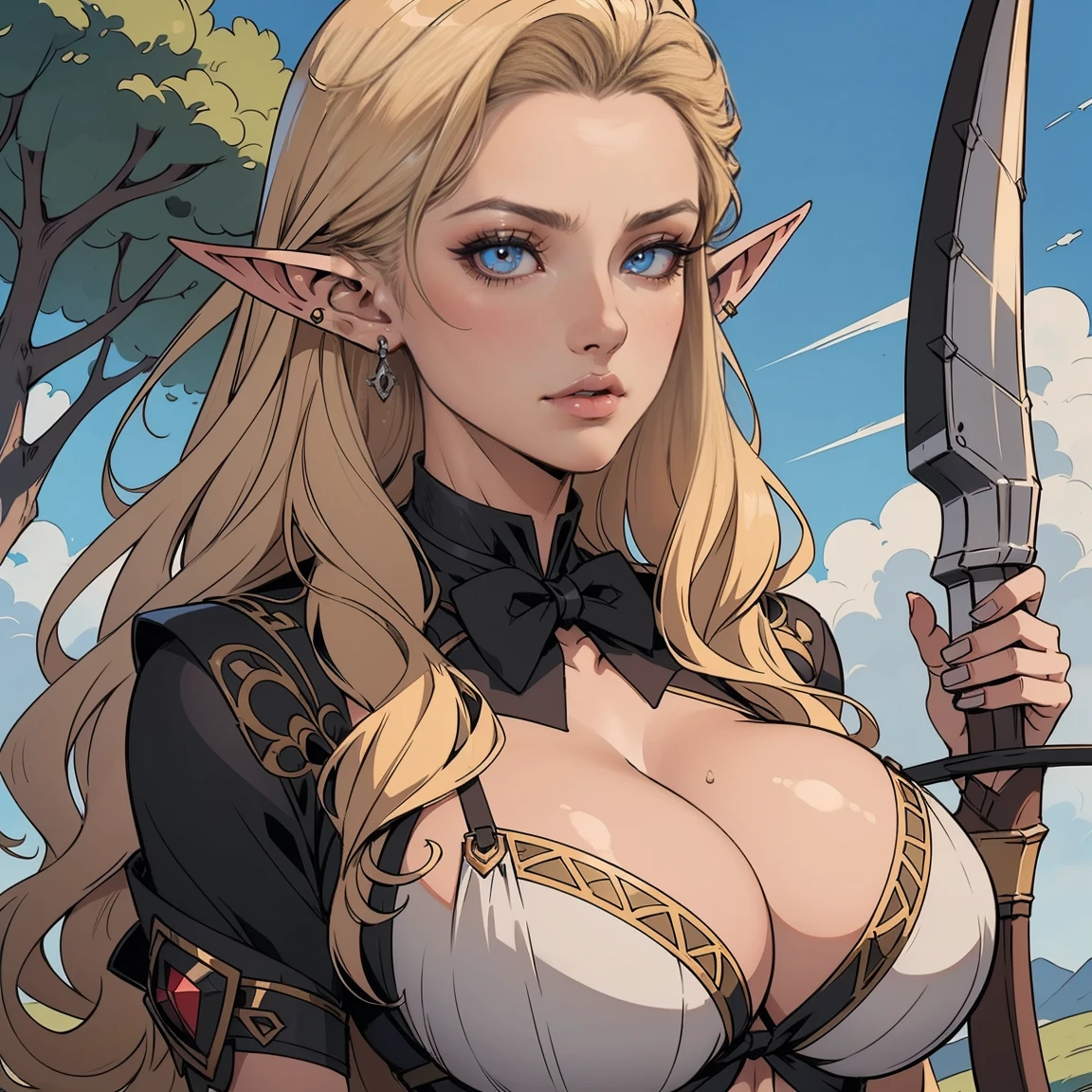 platinum blonde hair, 1girl, long hair, pointy ears, elf, huntress outfit, longbow, bow \(weapon\), nature, makeup, long eyelashes,
masterpiece, best quality, intricate detail, sketch, outline, anime screencap,huge