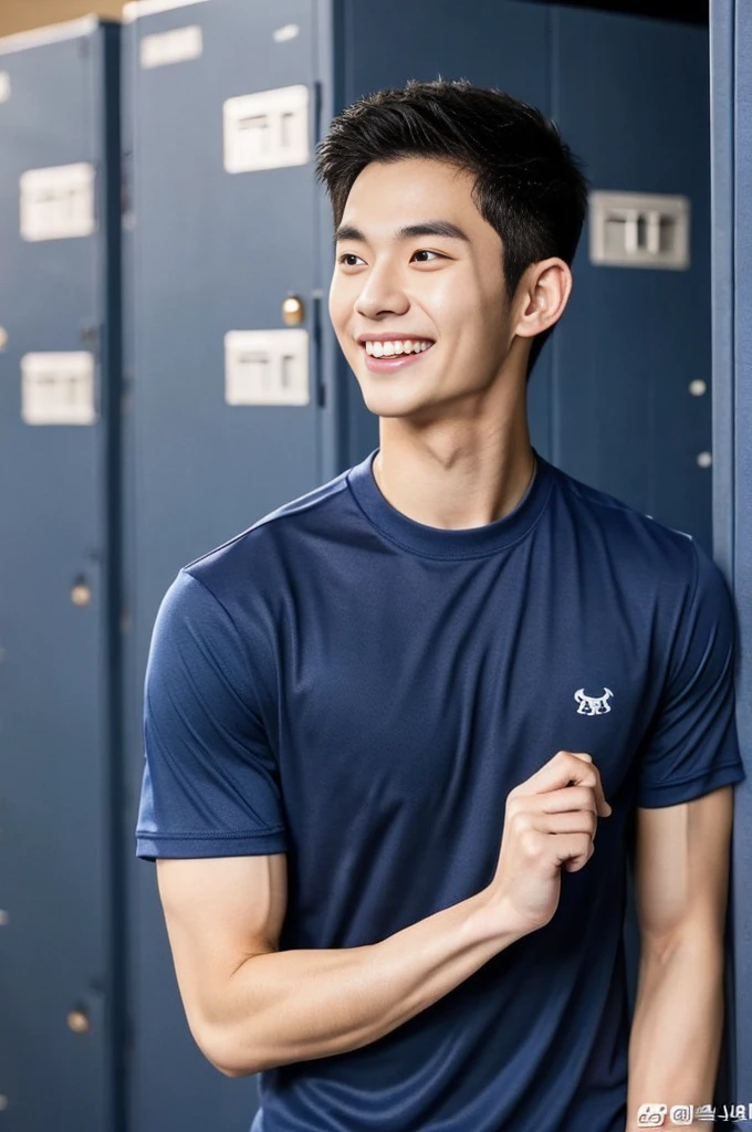 Korean man, Inspiration from Peng Yuyan, 23 years old, Korean muscular man ，The computer room is in the back, tight sports t-shirts, navy blue., open mouth smile