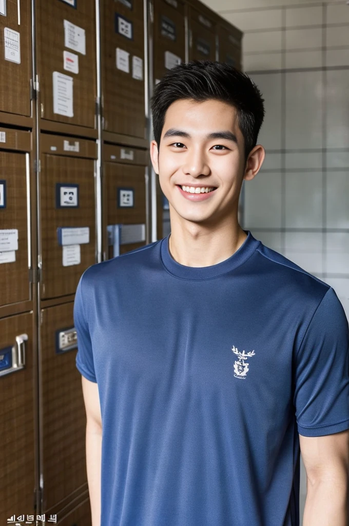 Korean man, Inspiration from Peng Yuyan, 23 years old, Korean muscular man ，The locker room is in the back, tight sports t-shirts, navy blue., open mouth smile