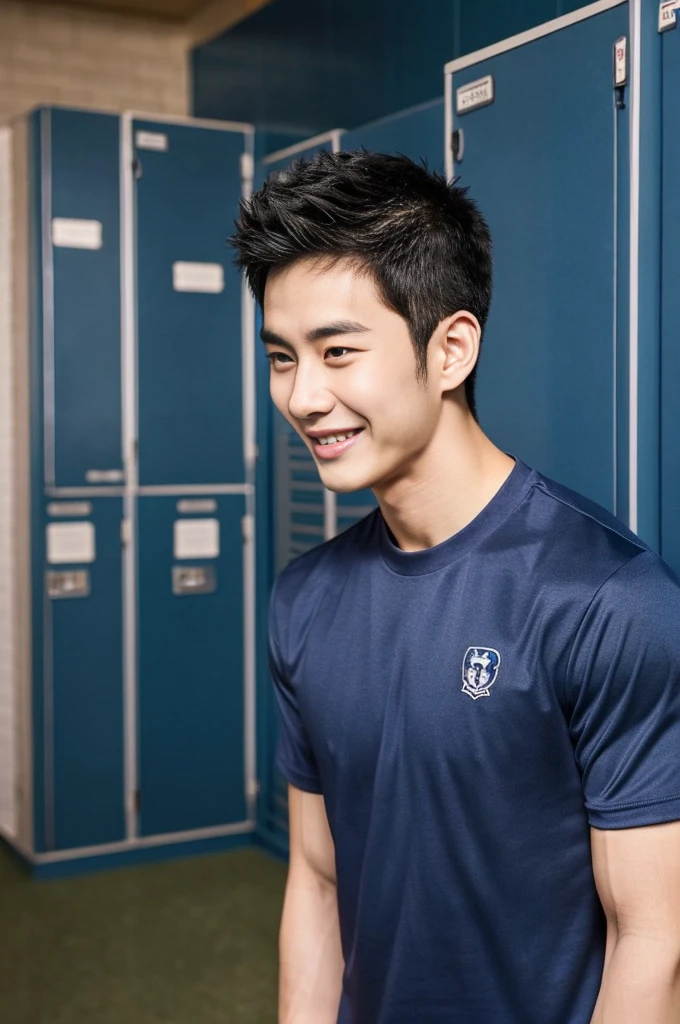 Korean man, Inspiration from Peng Yuyan, 23 years old, Korean muscular man ,The locker room is in the back, tight sports t-shirts, navy blue., open mouth smile