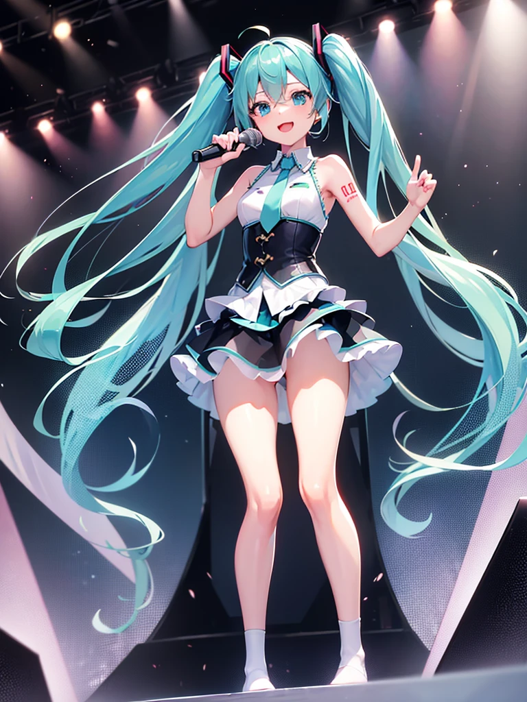 ( Absurd , high quality , Super detailed, Watch your hands,Pay attention to the shape of your legs )One girl,Hatsune Miku,The physique is thin,Small breasts,服装はHatsune Mikuの服,The location is on the stage,Holding the microphone in your right hand,Singing a song,smile