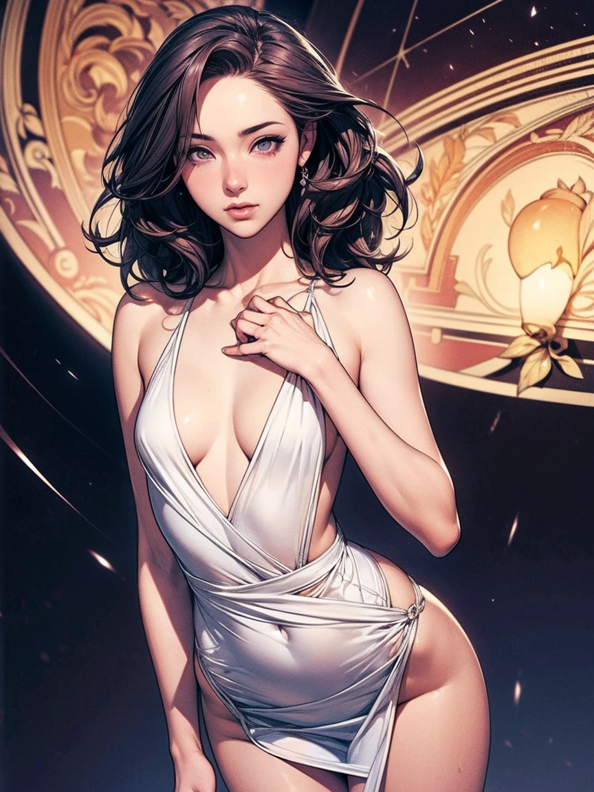 (Ultra Real), (Illustration), (High Resolution), (8K), (Very Detailed), (Best Illustration), (Beautiful Detailed Eyes), (Best Quality), (Super Detailed), (Masterpiece), (Wallpaper), (Detailed Face), Solo, (Dynamic Pose), One Girl, White Wavy Hair on the Boulevard, Losing Clothes, Japan Person, Iris Colored Eyes, (((Very Thin, Small and Short Night Dress)), Medium breasts, long legs, best ride of legs, wide waist, (without panties), (without bra)