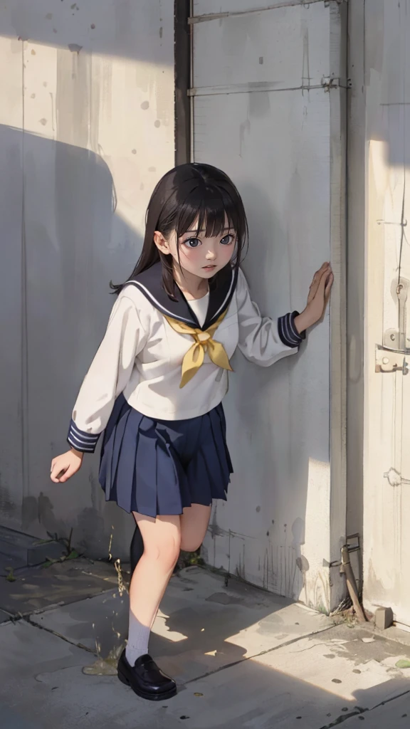 (A woman hiding in the shadows), (((Round face, Droopy eyes))), transformation, ((navy sailor suit, Pleated skirt, Sailor scarf, White Sox, loafers)), (((Be incontinent, Pee, Humiliated))), (((股間から滴るPee))), Embarrassing, Outdoor,