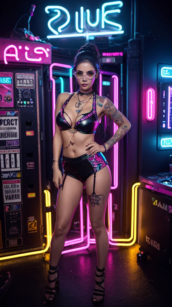 rave party scene, neon lighting, beautiful and sexy young woman full body, short dark brown hair, rave outfit, piercing, tattoos, glasses and drink, high quality, realism, photo.