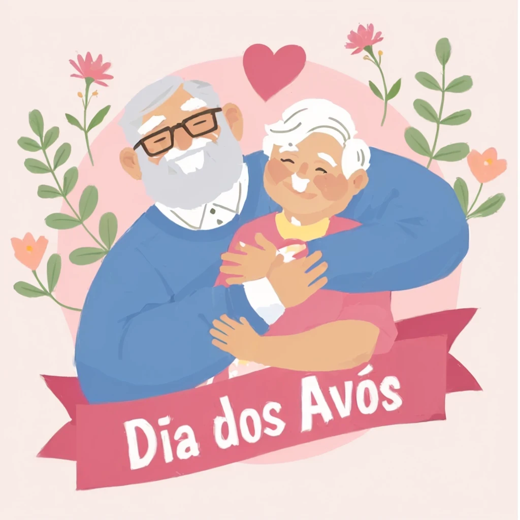 illustration of a man and a woman hugging each other with a banner that says Grandparents Day, by Pedro Álvarez Castelló, Um dia de paz, for Francis Zuniga, drawning, powder Nándor Katona, 2 5 6 x 2 5 6, 256x256, covid, by Bernard Dad