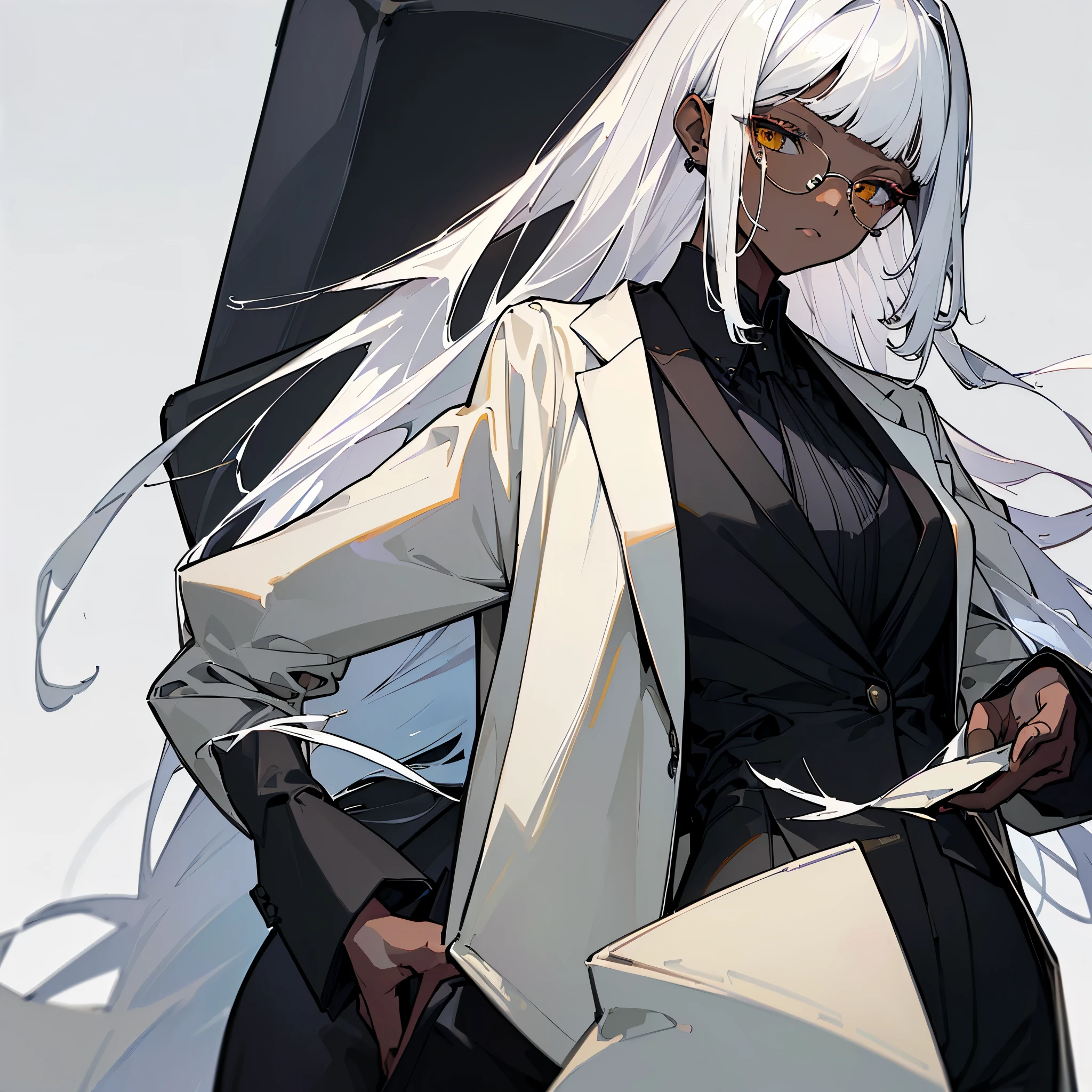 (top quality、masterpiece:1.2) 1 woman、adult、((dark-skinned woman、long white hair, Blunt bangs, Hair hangs over ears)) Golden eyes、eye glasses、((black business suit、Black formal jacket、White shirt、black pantsuit)) (office background) (serious look)