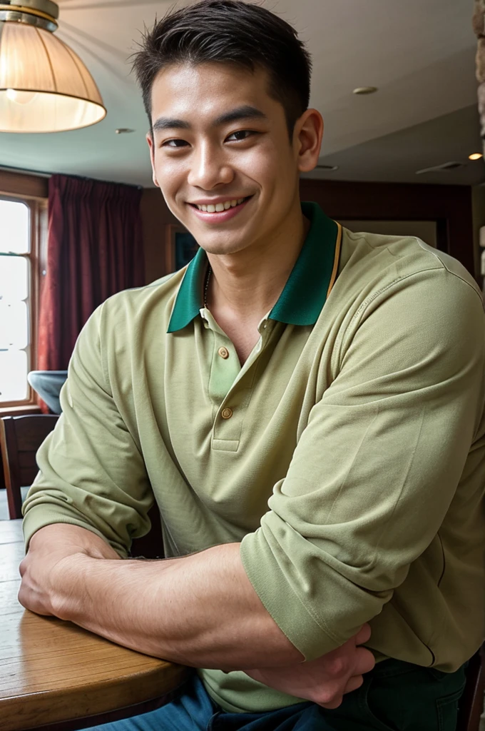 (best quality, 4K, 8k, high resolution, Masterpiece: 1.2), Special details, (realistically, As realistic as a photo, photo realistic: 1.37), Edge lighting, Extra detailed coloring, sharp focus, Physical rendering ,Extremely detailed description,professional,light color,Bokeh,Portrait,look at the viewer,
Young Asian man, 20 years old ,(wearing a brown polo shirt), smile ,dining room