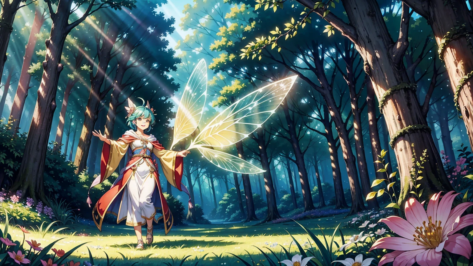A female adventurer playing with fairies in a beautiful, mystical forest. The woman has a joyful expression, wearing a practical yet stylish outfit suitable for adventuring, with a light armor and a cloak. Her hair is flowing, and she is reaching out to the small, glowing fairies with delicate wings. The forest is lush with vibrant green foliage, tall ancient trees, and colorful flowers. The fairies leave trails of sparkling light as they flutter around her. The scene is illuminated by soft, magical light filtering through the trees, creating a dreamy and enchanting ambiance.