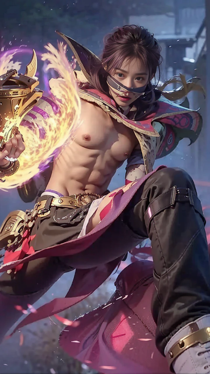 Masterpiece, best quality, detail, depth of field, ultra-realistic, realistic face and eyes, realistic skin texture, cinematic lighting, eyes to see the audience. 1 boys, solo, (frown, closed mouth), keqing_\(genshin_impact\), purple_eyes, purple hair, double tail, sharp eyes, serious face, gloves, black stockings, outdoor, purple lightning, fileg, lightning glowing sword, purple lightning, upper body