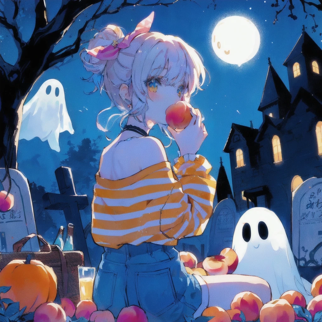 Anime girl sitting on a bench next to a ghost and eating a peach, Cute art style, Pale young ghost girl, Lo-fi Girl, Cute Anime girl, pretty girl, Splash art anime , 80s anime style,Anime Style 4k, High quality anime art style, Cute Anime, pretty girlのアニメビジュアル, Cute Anime style, Anime-style illustrations, Nightcore