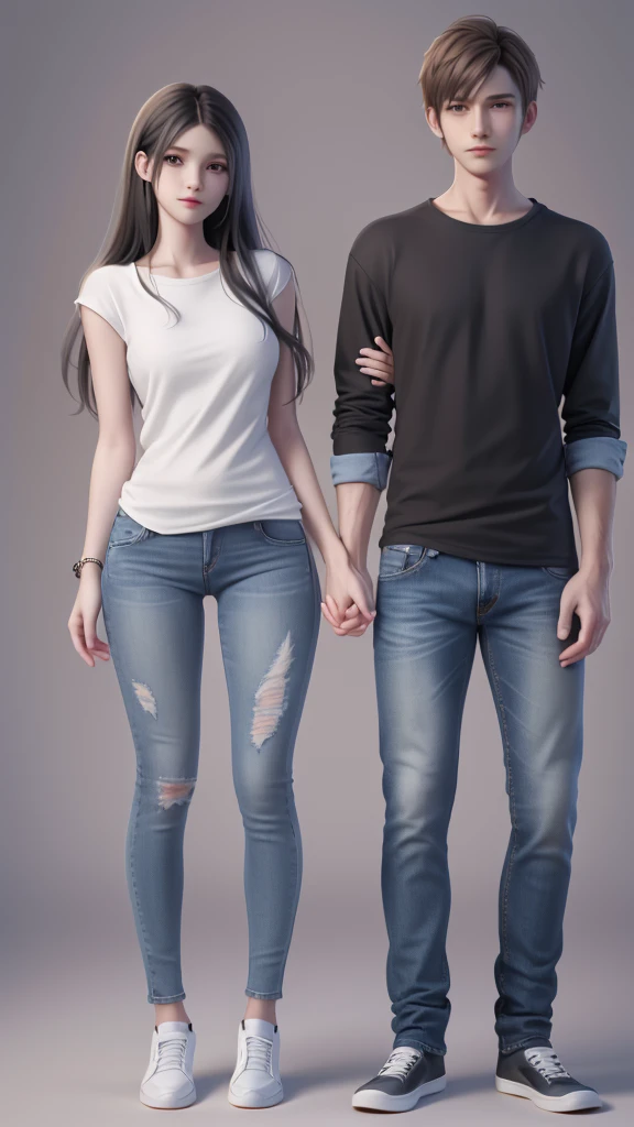 a young couple posing for a picture in front of a gray wall, wearing casual clothing, modern casual clothing, wearing jeans, casual modern clothing, wearing casual clothes, couple pose, wearing a shirt and a jean, full body pictures, lovely couple, wearing tight simple clothes, tall and slim, man and woman, casual clothing, jeans and t shirt