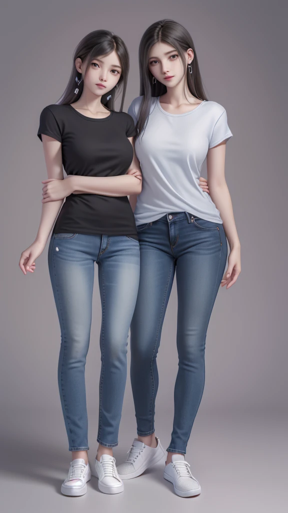a young couple posing for a picture in front of a gray wall, wearing casual clothing, modern casual clothing, wearing jeans, casual modern clothing, wearing casual clothes, couple pose, wearing a shirt and a jean, full body pictures, lovely couple, wearing tight simple clothes, tall and slim, man and woman, casual clothing, jeans and t shirt