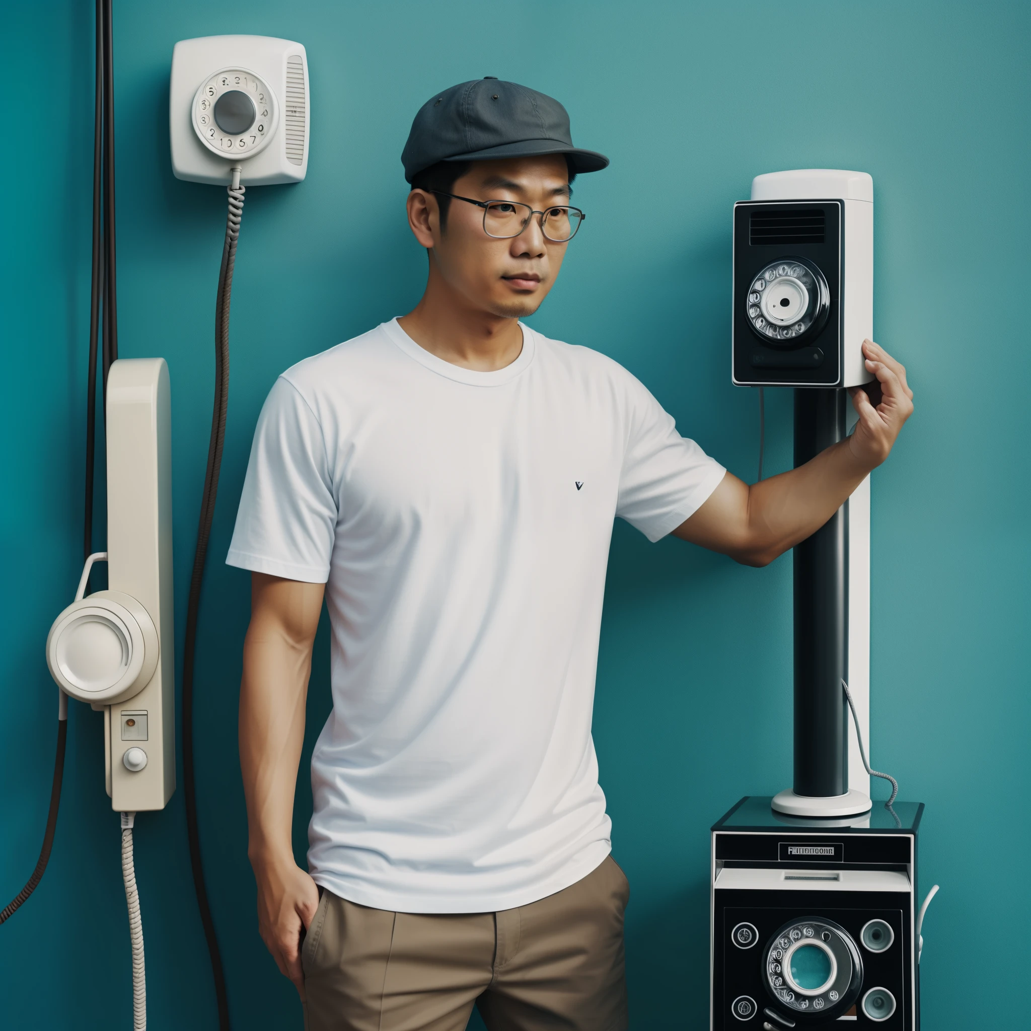 asian man in glasses, white t-shirt and fisherman hat standing next to retro white telephone hanging on blue wall in background, in the style of ultrafine detail, high quality photo