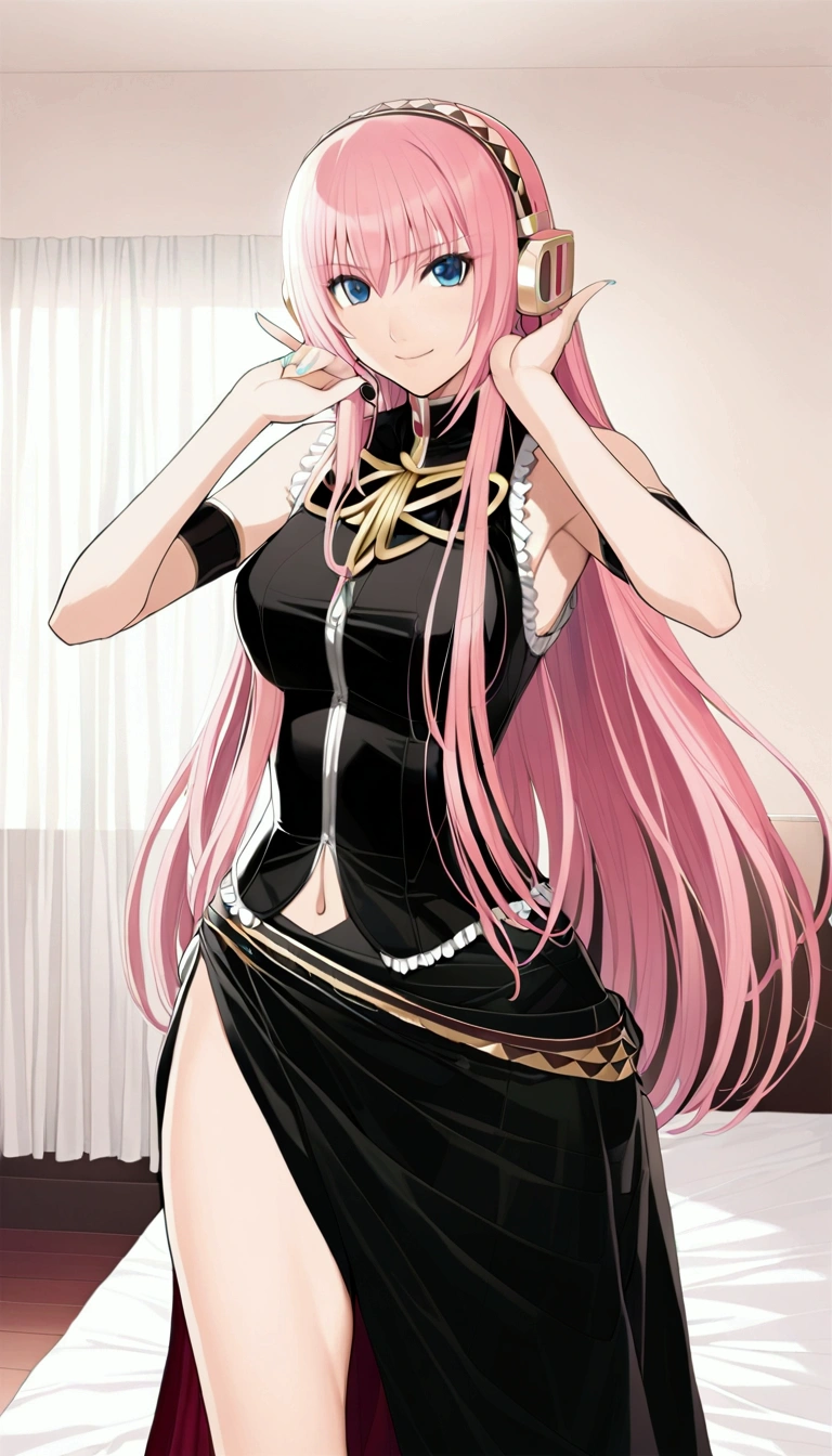 masterpiece,Detailed and beautiful depiction 1.1,Official Art,Beautiful adult woman ,Megurine Luka,Megurine Lukaの公式衣装,headphone,Black costume with gold decoration,Pink long hair,blue eyes,smile,Mr.々A pose,Bedroom