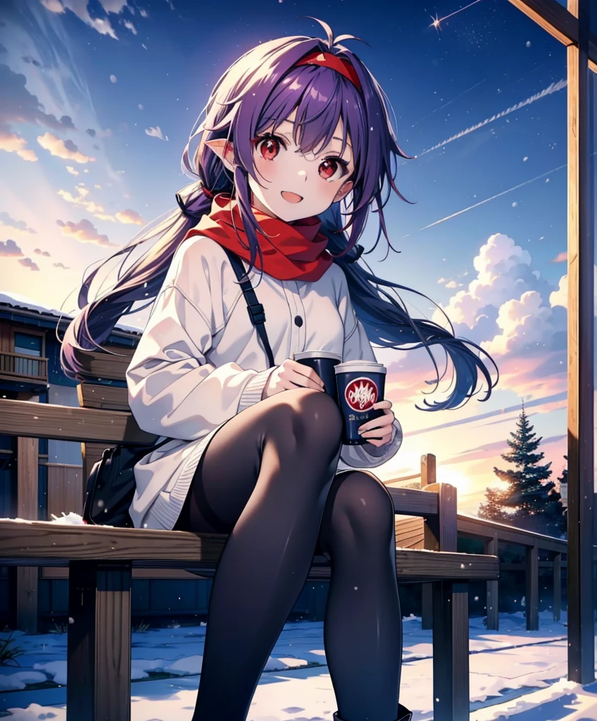 yuukikonno, Konno Yuuki, Long Hair, Pointed Ears, Purple Hair, (Red eyes:1.5), (Small breasts:1.2), Open your mouth,happy smile, smile, Open your mouth,hair band,low twin tail,Red Scarf,Oversized purple hoodie,Long skirt,Black pantyhose,short boots,Holding a paper cup of coffee in both hands,Sitting on a bench,snowが降っている,snowが降り積もっている,snow,snow,snow,snow,snowが積もった木,winter,Cold Sky,night,whole bodyがイラストに入るように,
break looking at viewer, whole body,
break outdoors, garden,
break (masterpiece:1.2), Highest quality, High resolution, unity 8k wallpaper, (figure:0.8), (Beautiful attention to detail:1.6), Highly detailed face, Perfect lighting, Highly detailed CG, (Perfect hands, Perfect Anatomy),