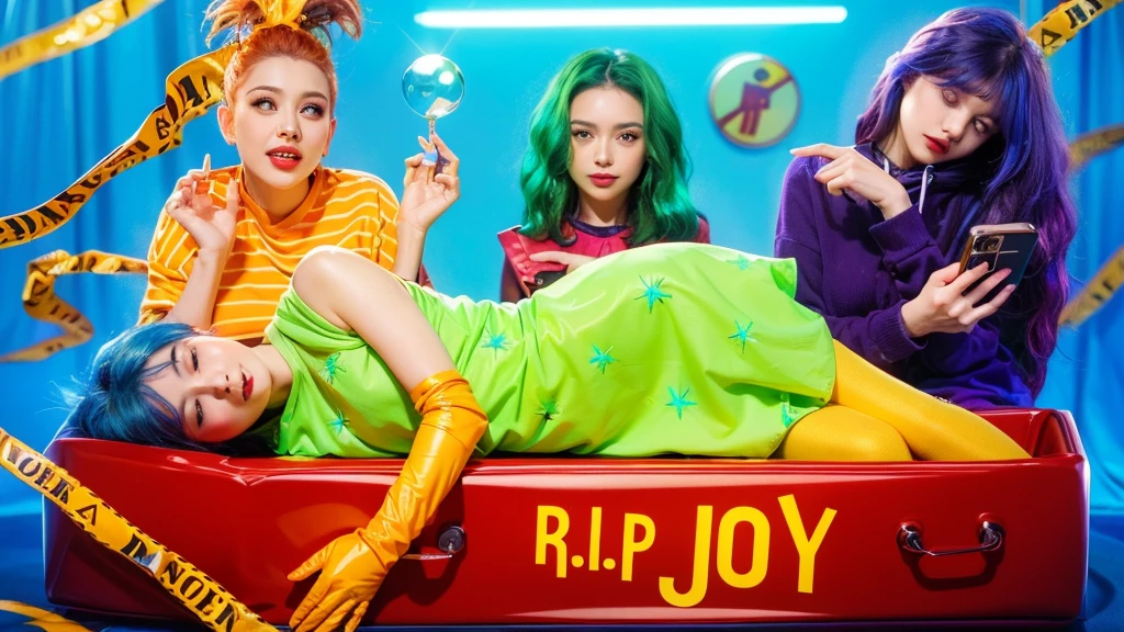 This image depicts a striking and colorful scene involving four characters. At the center, a woman with vibrant blue hair lies inside a red box with the words "R.I.P JOY" written on it. She is dressed in a vivid neon green dress paired with yellow gloves, her relaxed posture and closed eyes suggesting a peaceful or theatrical repose. Surrounding her are three other individuals in dynamic poses and bright outfits, adding layers of narrative or thematic contrast. The background features bold, saturated colors that enhance the visual impact of the scene, creating a surreal and stylized atmosphere. effectively conveying a sense of joy and creativity. аffects render, (glossy plastic texture with multiple big light probe refractions), perfect cgi, smooth silhouette, high intensity refraction, (super glossy plastic material), most beautiful vfx, , realistic, 4k, high resolution, rim light, smooth 3d model, multiple light sources, rim light, sharp post effects render,, realistic, 4k, high resolution, rim light detailed digital art, reflective, best quality, 4k, masterpiece:1.2, ultra-detailed, realistic, vivid colors, The image of the highest quality, ensuring every detail showcased perfectly. It in 4k resolution, allowing viewers to immerse themselves in the richness of the colors and intricate details. The realistic rendering. under the spotlight, reflecting, high-resolution image, realistic rendering