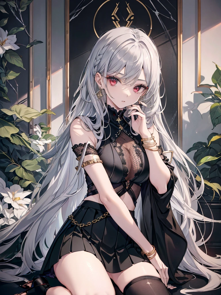 8k,High resolution RAW color art, Anime Art,Silver Marble Skin, (((Very detailed and cool))), Detailed skin, texture,(Exquisitely crafted, The finer details, Ultra-detailed art), (1 Girl), Depth of written boundary, Silky Touch, Hyper Detail, (((Cool face))), eye shadow、Armed women, Beautiful detailed red eyes, Beautiful lip detail, Highly detailed face, Delicate depiction of hair and eyes, Detailed Fashion, Golden Earrings, Slightly larger breasts,Full body depiction, Black off-shoulder、Bare back、((((Black below-the-knee skirt)))、Black tights up to the knee、Thighs、Golden decoration, Gray Hair, Golden bracelet, Long Straight Hair、(((Hair)))、ice華、moonlight、Less skin area、(((Mature)))、Calm background、Black theme、ice、(((Cold)))
