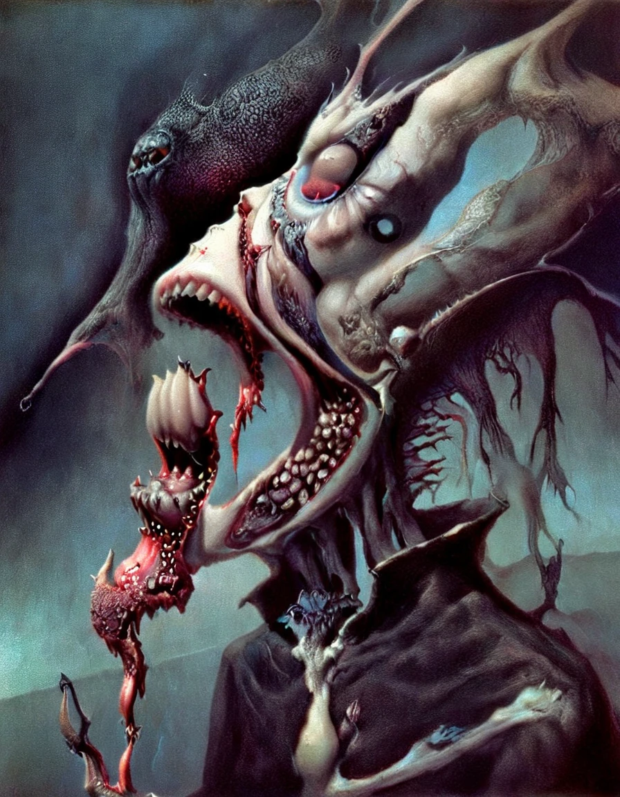 beautiful image, demonic-fantasy ,hyper surreal pleasure and suffering,,exaggerated features, lucid,atmospheric, hyperstylized abaritions, tongue elongated, entering her (Salvador dali surrealism)femalegenitalia unnerving image, (mild abstracts of obscurity)phantoms, harrowing ,expert fantasy surrealism, Unsettling, gynecologic tampering, Graphic stunning hellscape, extreme, morbid, whimsical evil Brom style character concepts (inspired by the Plucker) dave mcKean detailing mesh With minimal alien sleek surfaces hyper detailed macabre style, atmospheric,dark,, visceral,, unsettling, award winning, amaizing Artistry, perfect harsh lighting with new school art style color pops