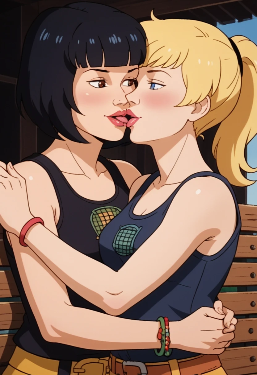 score_9, score_8, score_7, score_8_up, score_7_up, score_6_up, 2girls, (((xgix,black hair,bob cut,blunt bangs,brown eyes,lipstick,bracelet, tank top, belt, small breasts))), (((xlinkax, blonde hair, ponytail, blue eyes, medium breasts, tank top))),   lies, by wooden bench, light smile, front view , sunshine, hugging,upper body, portrait, kissing, girls holding hands, french kiss, seductive, blushing, aroused, 