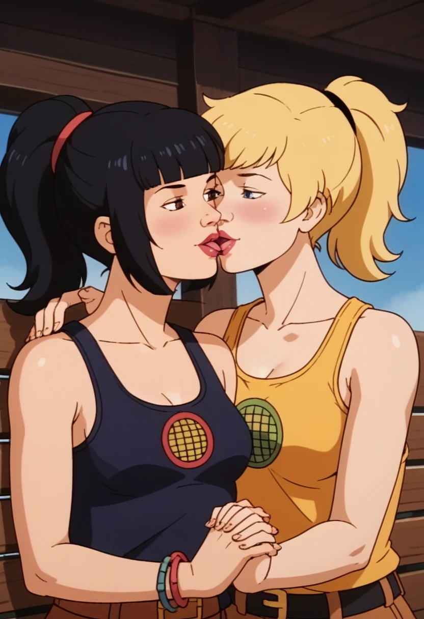 score_9, score_8, score_7, score_8_up, score_7_up, score_6_up, 2girls, (((xgix,black hair,bob cut,blunt bangs,brown eyes,lipstick,bracelet, tank top, belt, small breasts))), (((xlinkax, blonde hair, ponytail, blue eyes, medium breasts, tank top))),   lies, by wooden bench, light smile, front view , sunshine, hugging,upper body, portrait, kissing, girls holding hands, french kiss, seductive, blushing, aroused, 