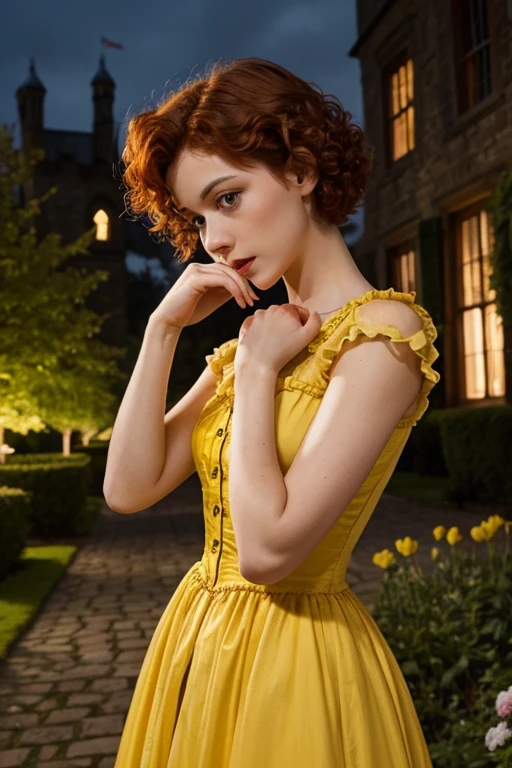 1.60, short curly hair, slim, flat bust, redhead, with punches on the face, yellow victorian dress, in the castle garden, at night, scared.