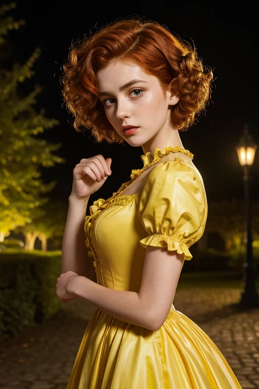  1.60, short curly hair, slim, flat bust, redhead, with punches on the face, yellow victorian dress, in the castle garden, at night, scared.