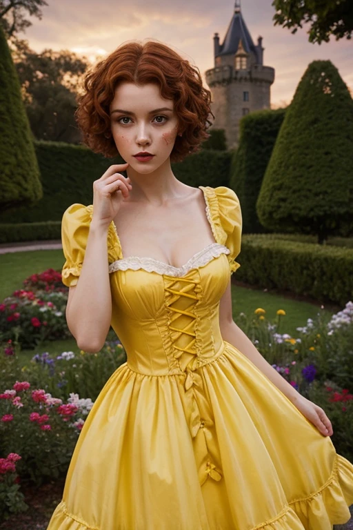  1.60, short curly hair, slim, flat bust, redhead, with punches on the face, yellow victorian dress, in the castle garden, at night, scared.