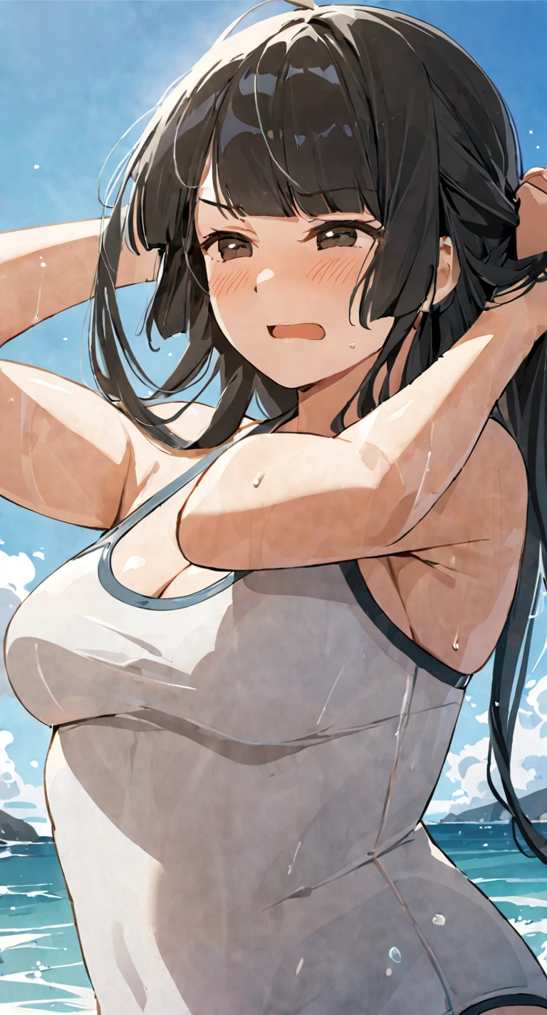 masterpiece,best quality, solo, eda, bangs, black hair, upper body,blue sky,cloud, shy expression, medium breast, hot, thicc, swimsuit , ocean, water, she is tying her hair, she is shy, embarrassed , she is embarrassed, dynamic pose, she is tying her hair, close shot, upper body, chubby, dynamic pose