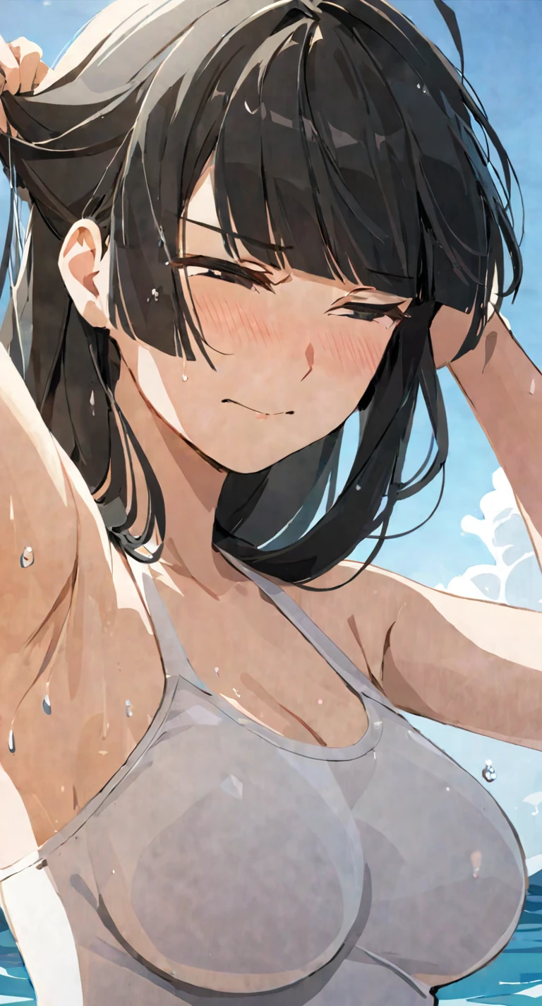 masterpiece,best quality, solo, eda, bangs, black hair, upper body,blue sky,cloud, shy expression, medium breast, hot, thicc, swimsuit , ocean, water, she is tying her hair, she is shy, embarrassed , she is embarrassed, dynamic pose, she is tying her hair, close shot, upper body, chubby, dynamic pose