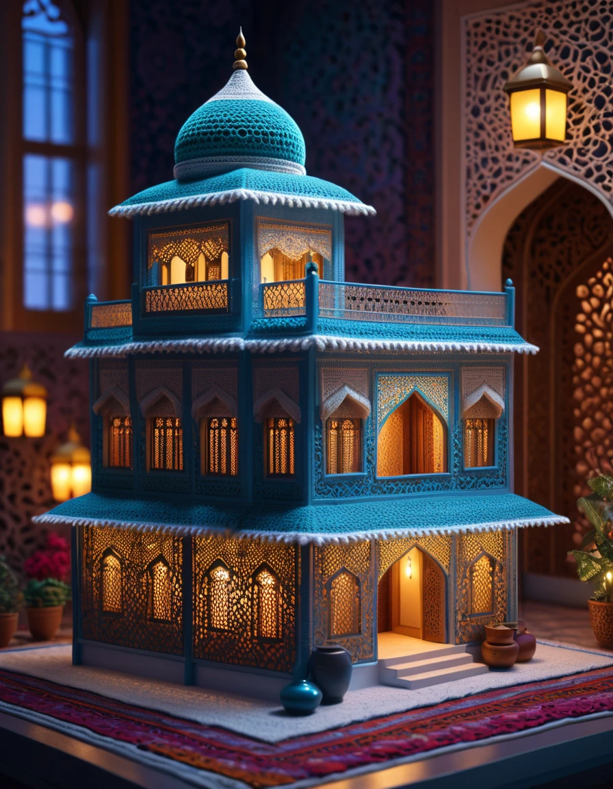 A crocheted model of a traditional Islamic house with intricate designs and patterns,modeling clay style,urban art,hyper-maximalism,raw photography,ultra-detailed photorealistic textures,artistic bokeh,beautiful lighting,hyper-detailed,sharp focus,unreal engine,WLOP,HDR,8k,vray