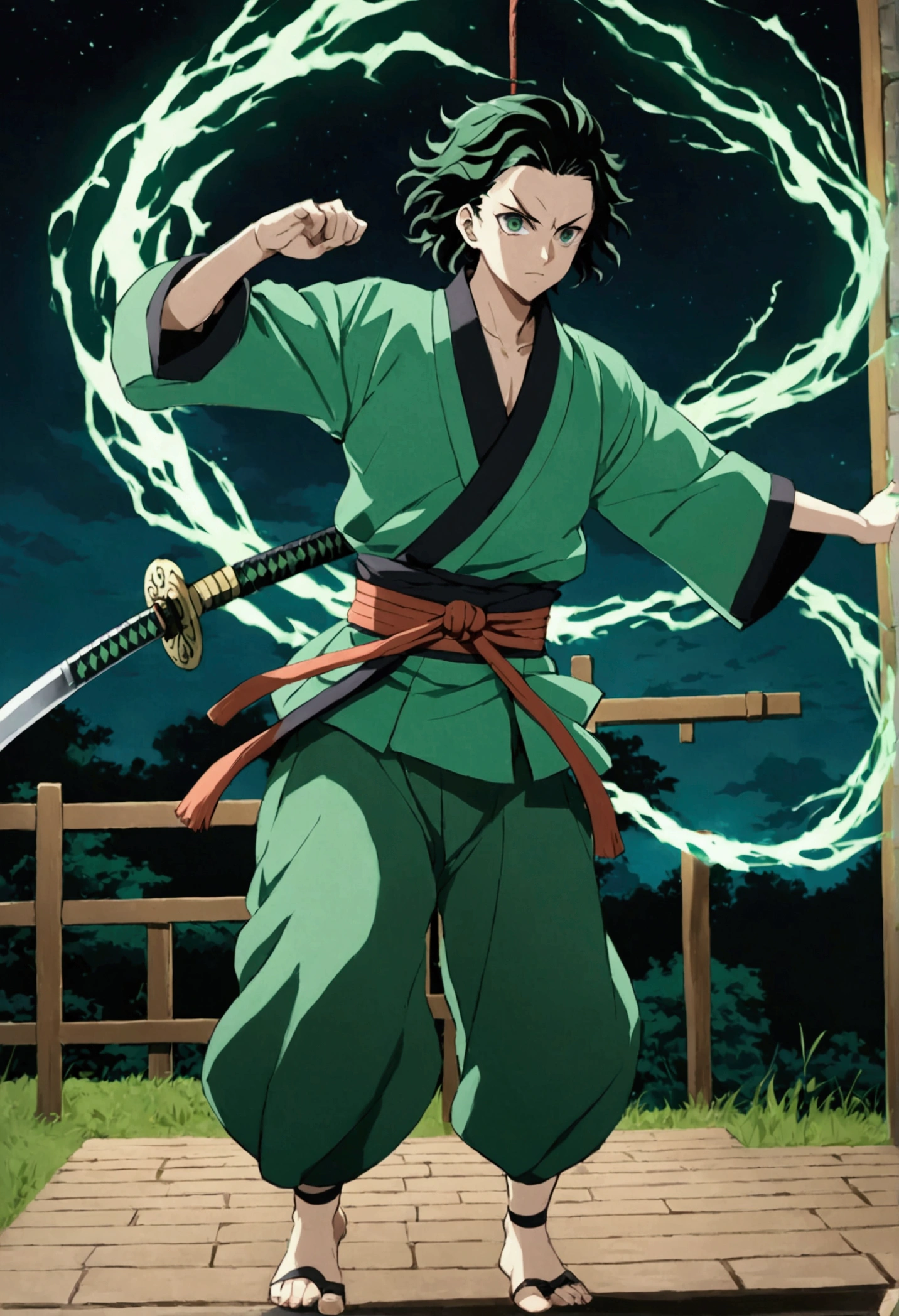 One Guy, young guy, Kimetsu no Yaiba, katana, toxic breathing style, green clothes, green eyes, sword slash, green sword aura, night backround, fixed arms, detailed arms and katana, human version, toxic aura swing, clip, anime scene, walking, talking, movement capture