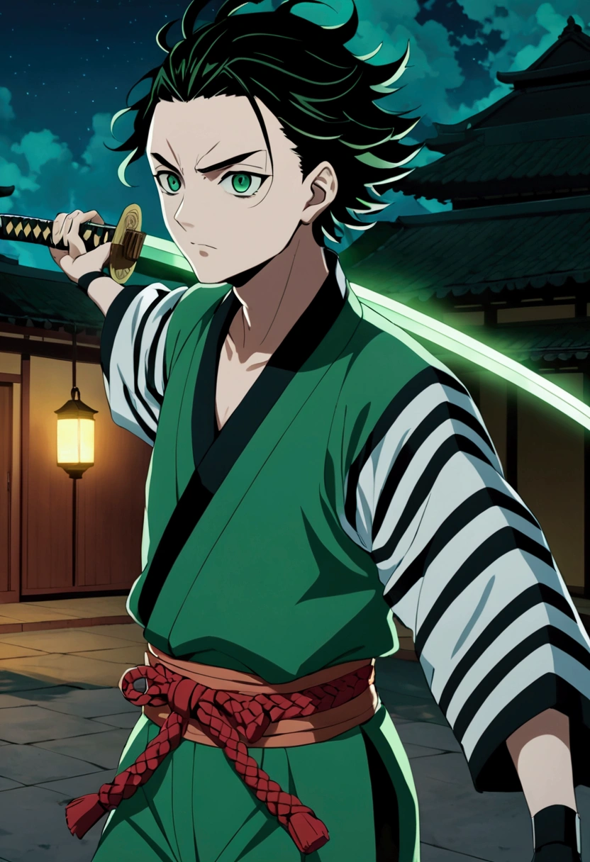 One Guy, young guy, Kimetsu no Yaiba, katana, toxic breathing style, green clothes, green eyes, sword slash, green sword aura, night backround, fixed arms, detailed arms and katana, human version, toxic aura swing, clip, anime scene, walking, talking, movement capture