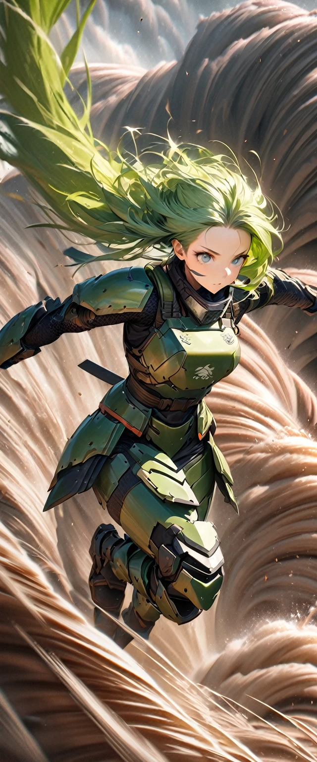 (masterpiece),(Highest quality),(High resolution),(Very detailed),8k,wallpaper,(Armored Core Style),Woman in ninja robot armor,(Tactical Forehead Protector),Random Hairstyles,(Wind Ninja),(Light green body),(Detailed face),((Cowboy Shot)),(((The background is a tornado:1.3))),Hair blowing in the wind,(dynamic),(Jump high into the sky),(action shot)