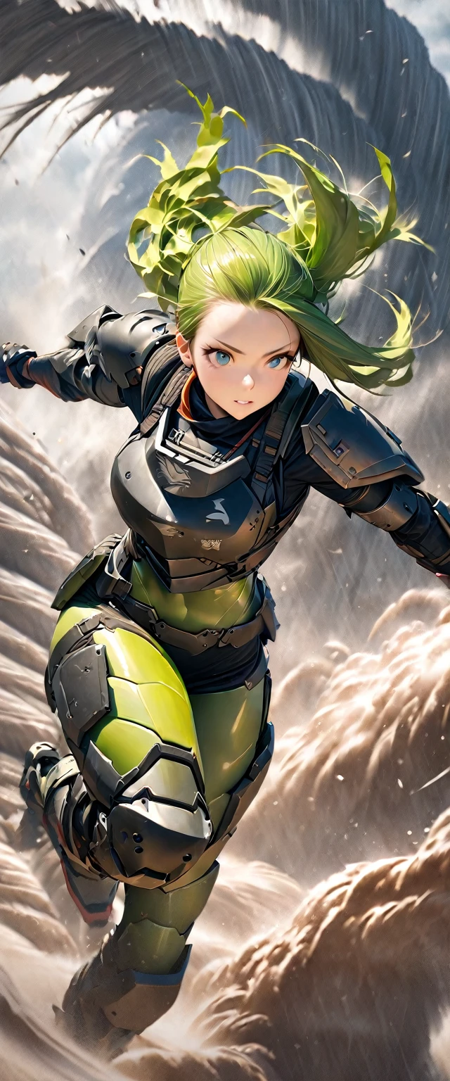 (masterpiece),(Highest quality),(High resolution),(Very detailed),8k,wallpaper,(Armored Core Style),Woman in ninja robot armor,(Tactical Forehead Protector),Random Hairstyles,(Wind Ninja),(Light green body),(Detailed face),((Cowboy Shot)),(((The background is a tornado:1.3))),Hair blowing in the wind,(dynamic),(Jump high into the sky),(action shot)