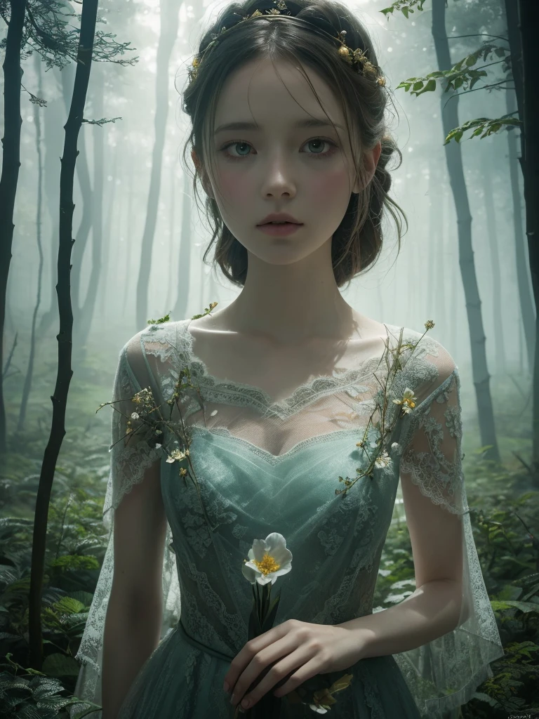 Hauntingly beautiful scene: Iris Van Herpen's designs unfold like delicate flowers amidst a misty forest. Octane rendering yields a smooth, ethereal quality. Artistic influences blend as Gustav Klimt-inspired gold accents meet Nixeu and Ian Sprigger's mystical ambiance. Wlop and Krenz Cushark's dreamlike essence seeps into the atmosphere. A model's figure is enveloped in transparent lace, like a ghostly apparition. Framing: soft focus, atmospheric lighting, and a subtle gradient of greens and blues evoke an otherworldly sense of mystery.