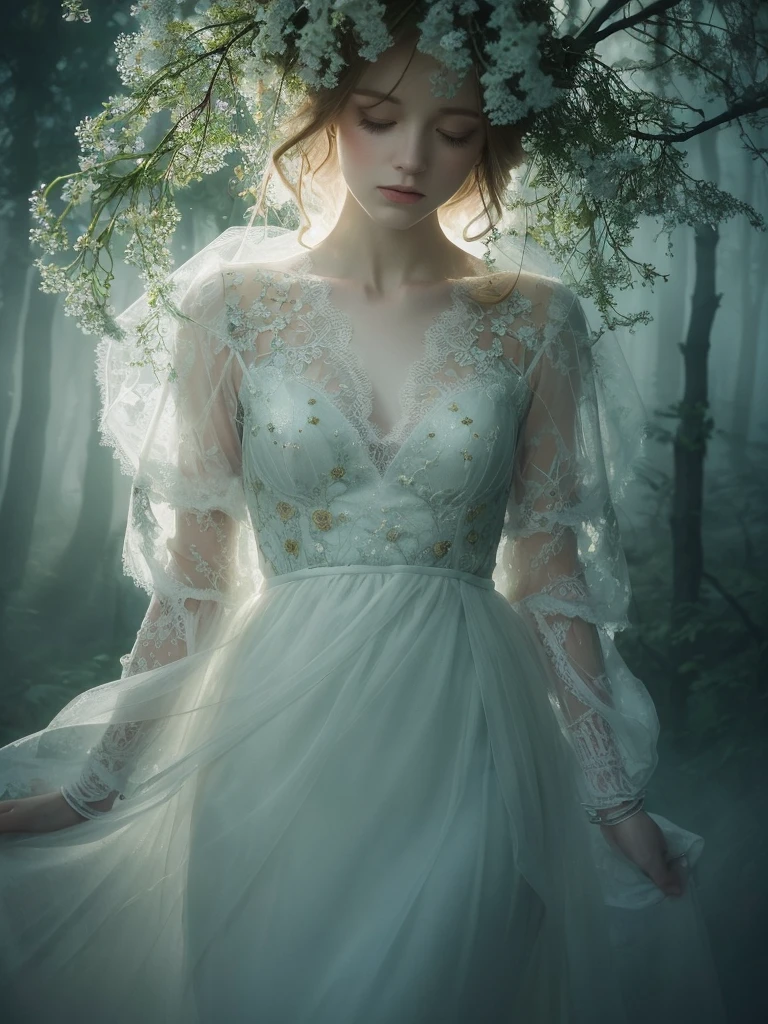 Hauntingly beautiful scene: Iris Van Herpen's designs unfold like delicate flowers amidst a misty forest. Octane rendering yields a smooth, ethereal quality. Artistic influences blend as Gustav Klimt-inspired gold accents meet Nixeu and Ian Sprigger's mystical ambiance. Wlop and Krenz Cushark's dreamlike essence seeps into the atmosphere. A model's figure is enveloped in transparent lace, like a ghostly apparition. Framing: soft focus, atmospheric lighting, and a subtle gradient of greens and blues evoke an otherworldly sense of mystery.