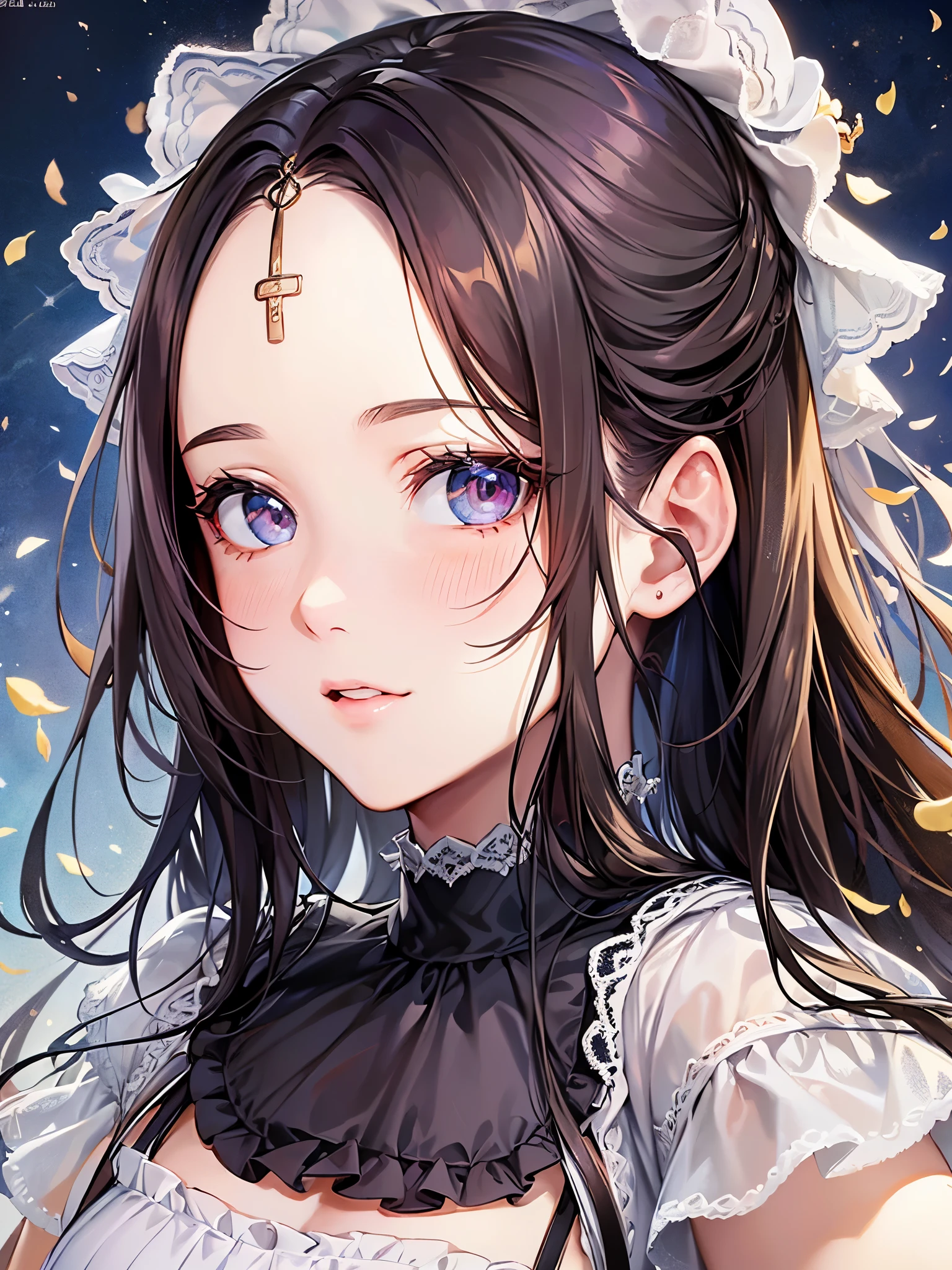 ((Highest quality)),(Ultra-high resolution),(Super detailed),(Detailed Description),((The best CG)),(masterpiece),Highly detailed art,(Art with precise detail:1.5), (woman:1.5),(Beautiful and well-proportioned face:1.4),(Forehead:1.8),Wistful gaze:1.5,(Frilled blouse:1.6)