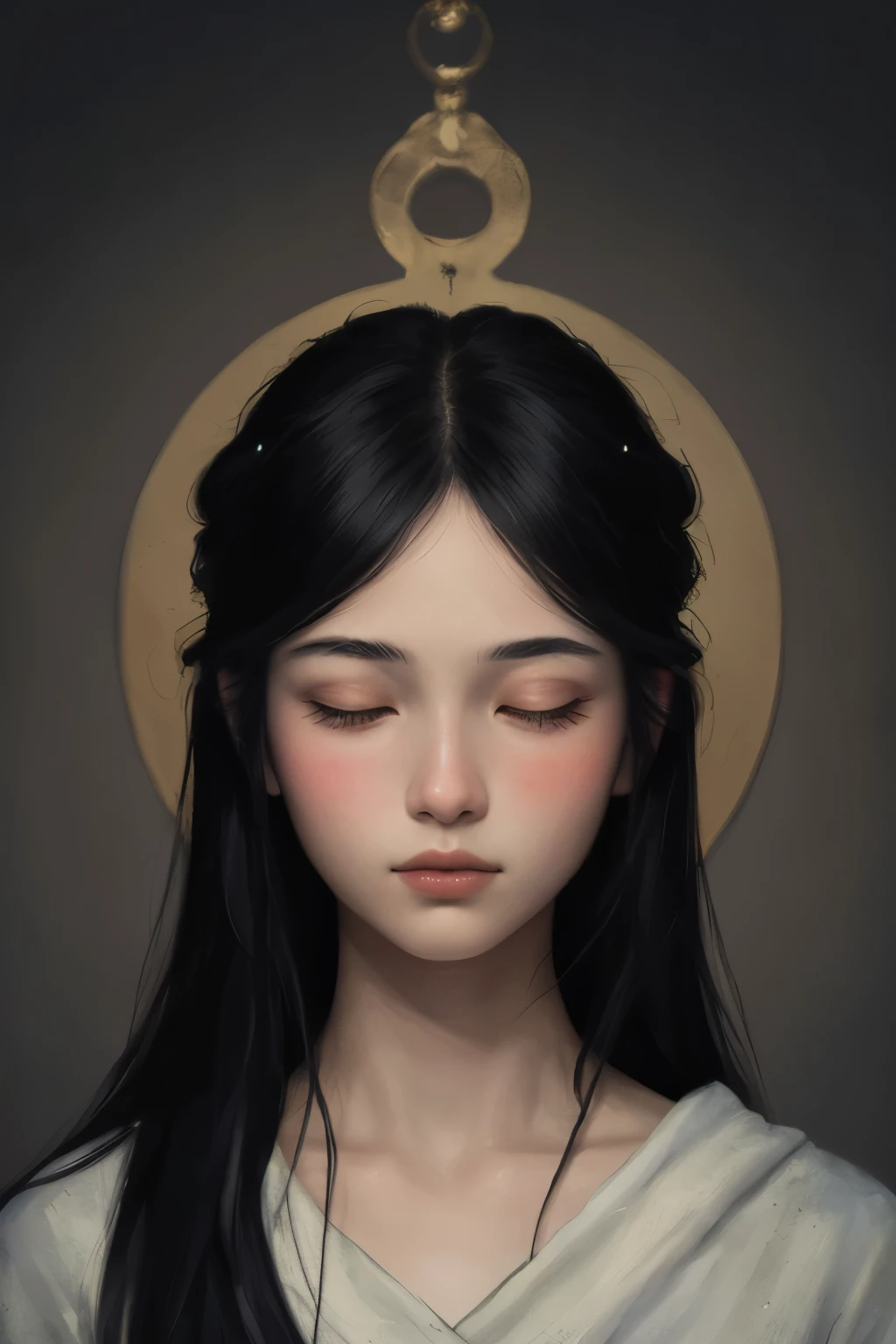 ((best quality)), ((masterpiece)), (detailed), A digital illustration of a young woman meditating with long black hair and a serene expression on her face.