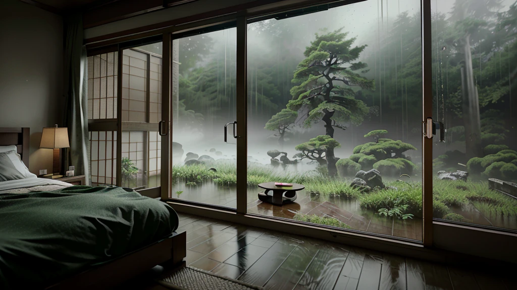 there is a bedroom with a large window and a view of the rain, akihiko yoshida. unreal engine, lush japanese landscape, japanese vfx, quiet and serene atmosphere, rainy day. game render, hyperrealistic landscape, inspired by Shūbun Tenshō, hyper-realistic environment, matte painting unreal engine, ultrarealistic matte painting