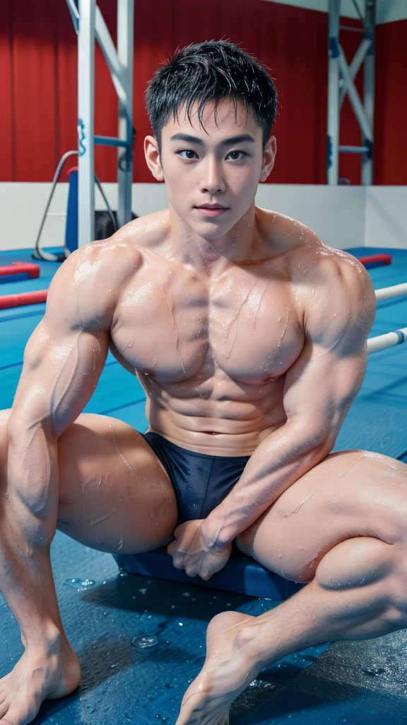 Japanese male gymnast, muscular, muscular, broad shoulders, pale skin, handsome face, wet with sweat, fine facial features, sitting on the edge of the gymnastics field taking a break, sharp image, Looking at the camera, studio lights, modeling, sexy and cute, sexy pose