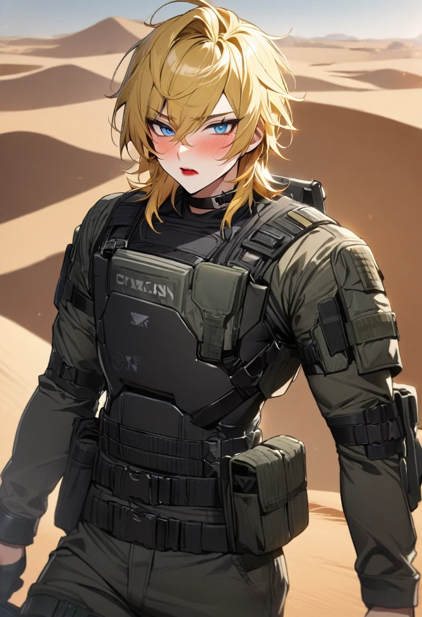 1boy, modern soldier, solo, black eyeliner, male medium length hair, medium hair texture, yellow hair, handsome, blue eyes, black choker, black clothes, black long boots, desert, red lipstick, femboy, blush, thin waist, black body armor 