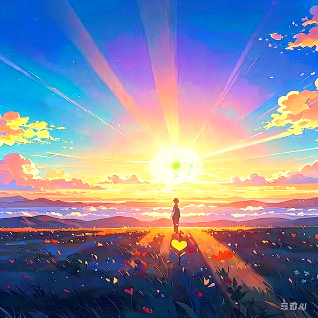 Free a heart from sorrow,Heart shaped flowers,A little man standing on an open grassland,Rising sun,Sea of Clouds,Love heart flowers on the grass