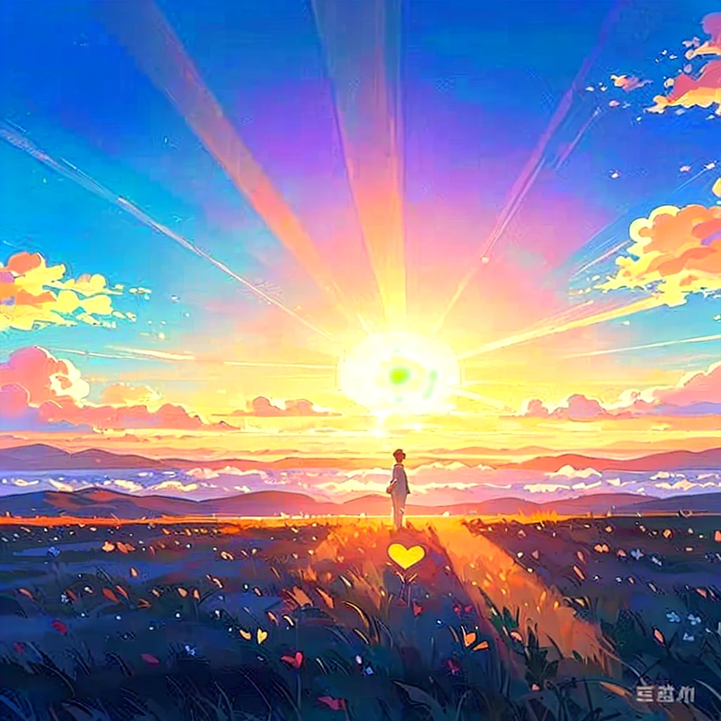 Free a heart from sorrow,Heart shaped flowers,A little man standing on an open grassland,Rising sun,Sea of Clouds,Love heart flowers on the grass
