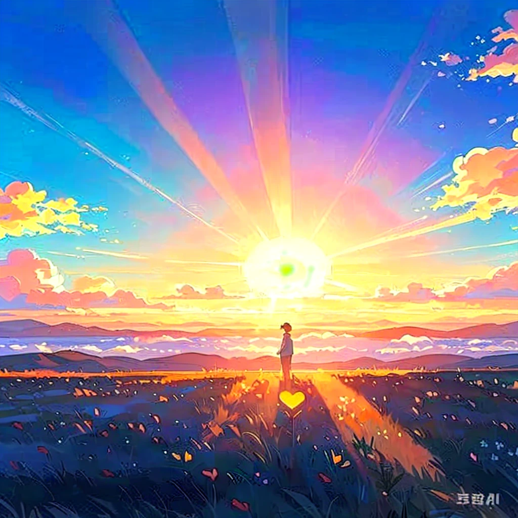 Free a heart from sorrow,Heart shaped flowers,A little man standing on an open grassland,Rising sun,Sea of Clouds,Love heart flowers on the grass
