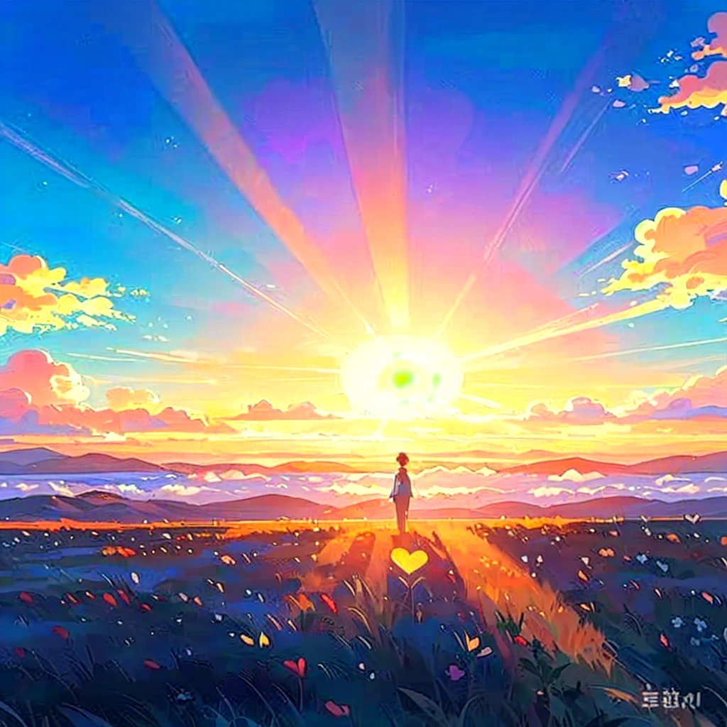Free a heart from sorrow,Heart shaped flowers,A little man standing on an open grassland,Rising sun,Sea of Clouds,Love heart flowers on the grass
