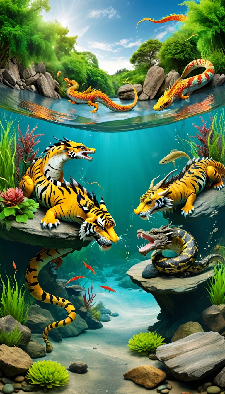 Panorama,Tiger dragons grow in the water,The body of a fish,Snake's Tail(best quality,4K,8k,High level,masterpiece:1.2),Ultra Detailed,(lifelike,Photo real,Photo real:1.37),Highly detailed animals,Complex patterns,Realistic lighting,Fantasy Creatures