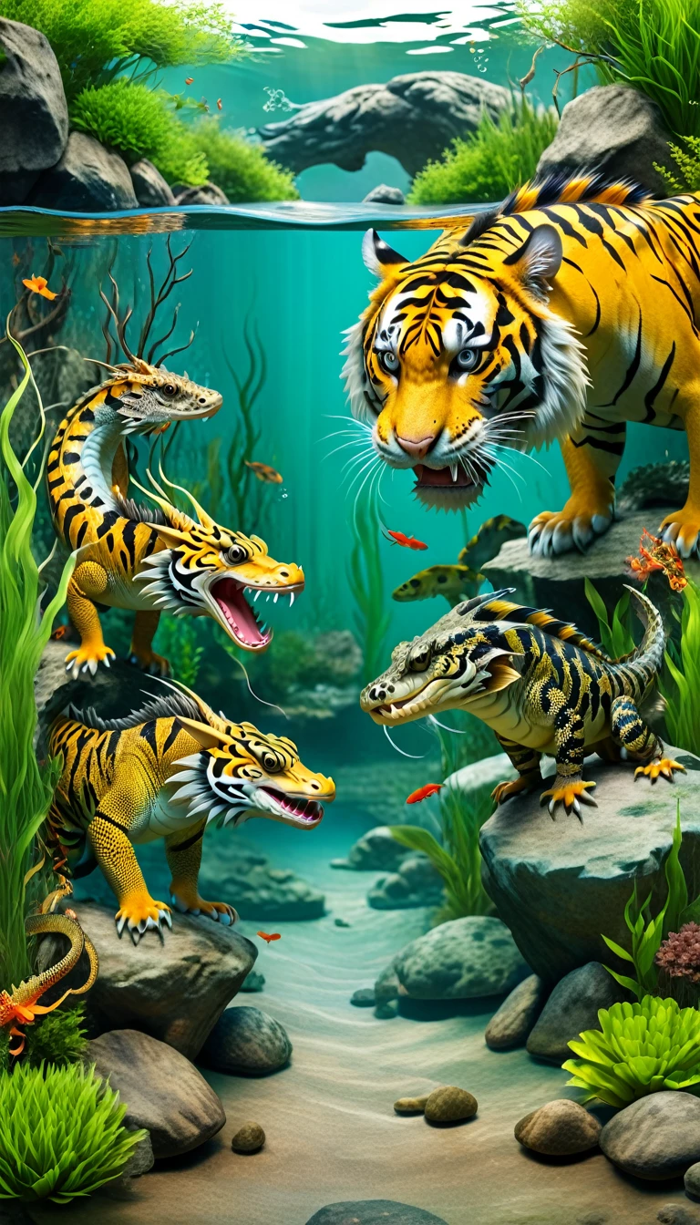 Panorama,Tiger dragons grow in the water,The body of a fish,Snake's Tail(best quality,4K,8k,High level,masterpiece:1.2),Ultra Detailed,(lifelike,Photo real,Photo real:1.37),Highly detailed animals,Complex patterns,Realistic lighting,Fantasy Creatures