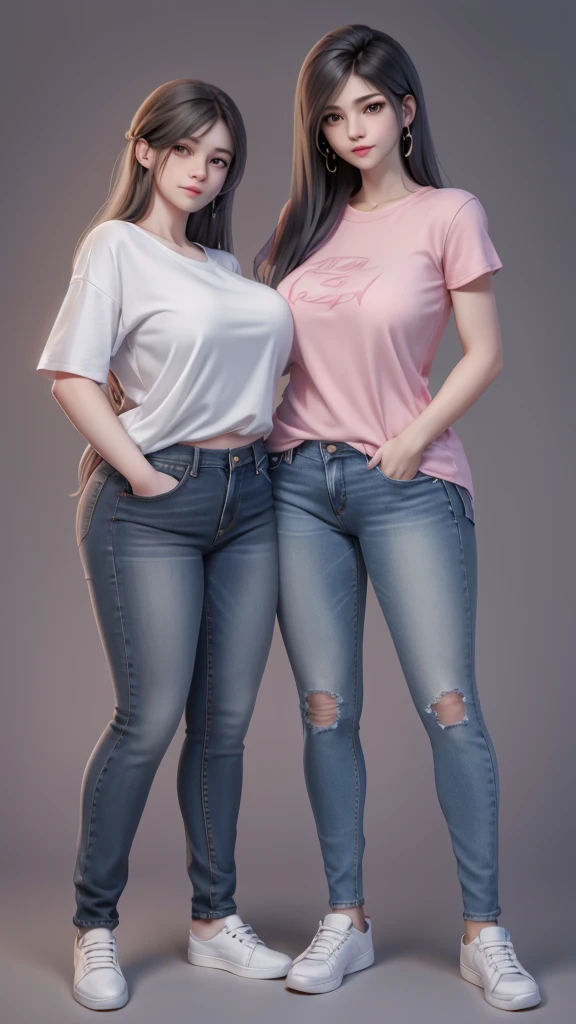 a young couple posing for a picture in front of a gray wall, wearing casual clothing,big breast,fat body,modern casual clothing, wearing jeans, casual modern clothing, wearing casual clothes, couple pose, wearing a shirt and a jean, full body pictures, lovely couple, wearing tight simple clothes, tall and slim, man and woman, casual clothing, jeans and t shirt