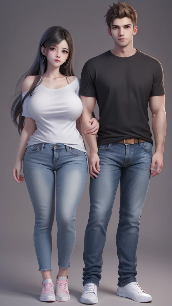 a young couple posing for a picture in front of a gray wall, wearing casual clothing,big breast,fat body,modern casual clothing, wearing jeans, casual modern clothing, wearing casual clothes, couple pose, wearing a shirt and a jean, full body pictures, lovely couple, wearing tight simple clothes, tall and slim, man and woman, casual clothing, jeans and t shirt